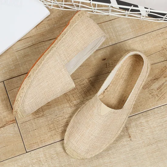 Clearance OUKU Men's Beige Canvas Espadrille Slip-On Shoes with Jute Rope Sole – Comfortable Summer Casual Footwear