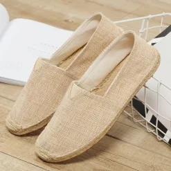 Clearance OUKU Men's Beige Canvas Espadrille Slip-On Shoes with Jute Rope Sole – Comfortable Summer Casual Footwear