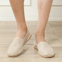 Clearance OUKU Men's Beige Canvas Espadrille Slip-On Shoes with Jute Rope Sole – Comfortable Summer Casual Footwear
