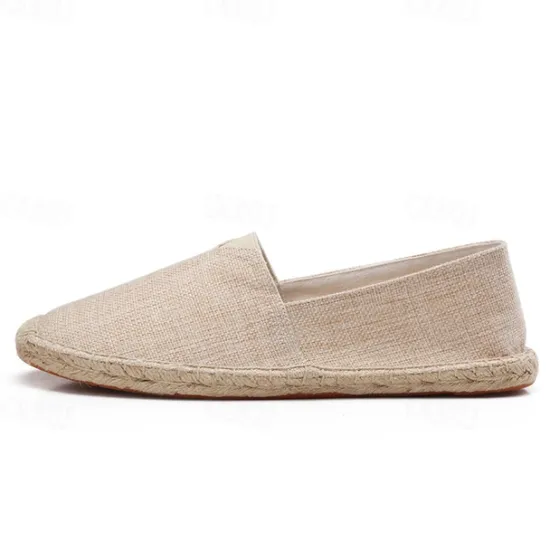 Clearance OUKU Men's Beige Canvas Espadrille Slip-On Shoes with Jute Rope Sole – Comfortable Summer Casual Footwear