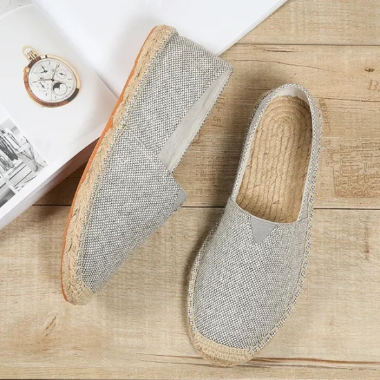 Clearance OUKU Men's Beige Canvas Espadrille Slip-On Shoes with Jute Rope Sole – Comfortable Summer Casual Footwear