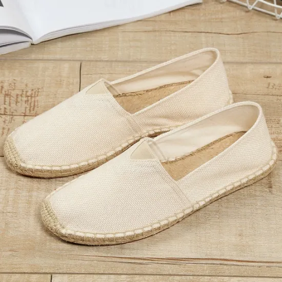 Clearance OUKU Men's Beige Canvas Espadrille Slip-On Shoes with Jute Rope Sole – Comfortable Summer Casual Footwear