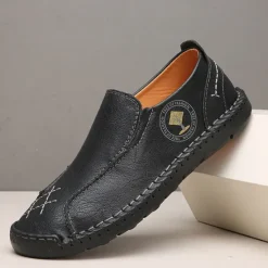 Outlet OUKU Men's Beige Genuine Faux Leather Moccasins – Handmade Stitching Casual Slip-On Driving Shoes for Outdoor & Trave