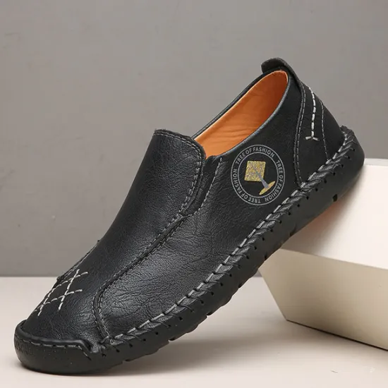 Outlet OUKU Men's Beige Genuine Faux Leather Moccasins – Handmade Stitching Casual Slip-On Driving Shoes for Outdoor & Trave
