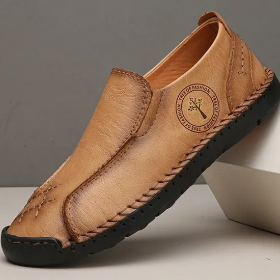 Outlet OUKU Men's Beige Genuine Faux Leather Moccasins – Handmade Stitching Casual Slip-On Driving Shoes for Outdoor & Trave