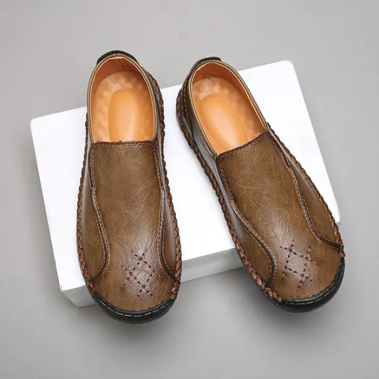 Outlet OUKU Men's Beige Genuine Faux Leather Moccasins – Handmade Stitching Casual Slip-On Driving Shoes for Outdoor & Trave