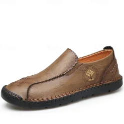 Outlet OUKU Men's Beige Genuine Faux Leather Moccasins – Handmade Stitching Casual Slip-On Driving Shoes for Outdoor & Trave