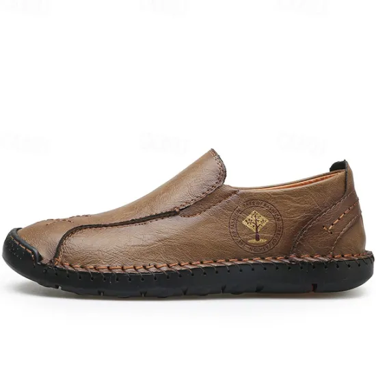 Outlet OUKU Men's Beige Genuine Faux Leather Moccasins – Handmade Stitching Casual Slip-On Driving Shoes for Outdoor & Trave