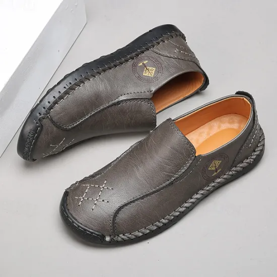 Outlet OUKU Men's Beige Genuine Faux Leather Moccasins – Handmade Stitching Casual Slip-On Driving Shoes for Outdoor & Trave