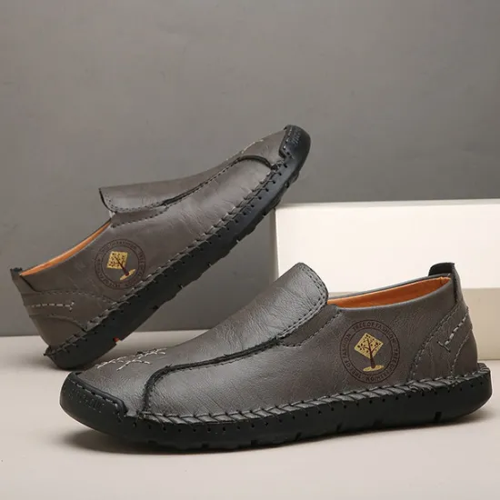Outlet OUKU Men's Beige Genuine Faux Leather Moccasins – Handmade Stitching Casual Slip-On Driving Shoes for Outdoor & Trave