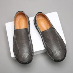 Outlet OUKU Men's Beige Genuine Faux Leather Moccasins – Handmade Stitching Casual Slip-On Driving Shoes for Outdoor & Trave