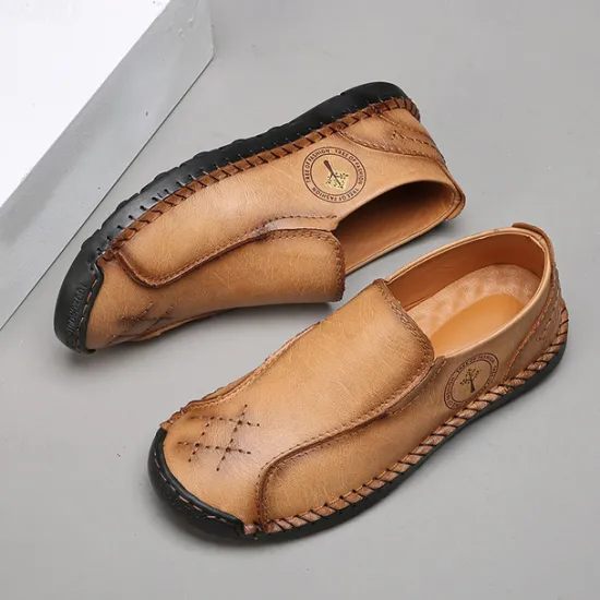 Outlet OUKU Men's Beige Genuine Faux Leather Moccasins – Handmade Stitching Casual Slip-On Driving Shoes for Outdoor & Trave
