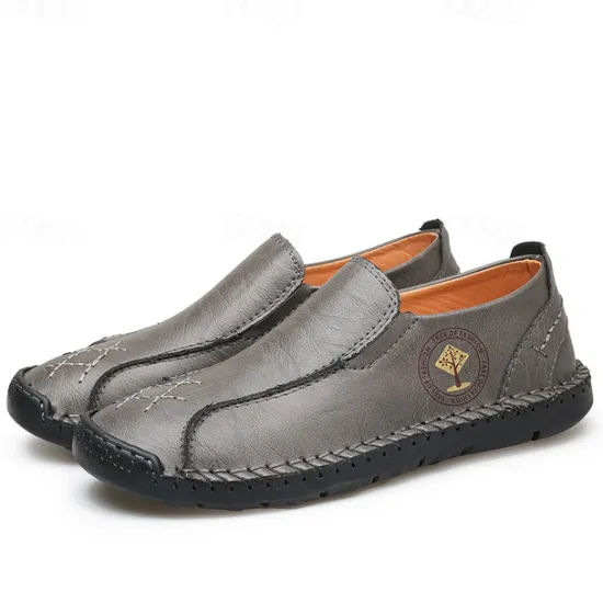 Outlet OUKU Men's Beige Genuine Faux Leather Moccasins – Handmade Stitching Casual Slip-On Driving Shoes for Outdoor & Trave
