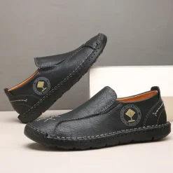 Outlet OUKU Men's Beige Genuine Faux Leather Moccasins – Handmade Stitching Casual Slip-On Driving Shoes for Outdoor & Trave