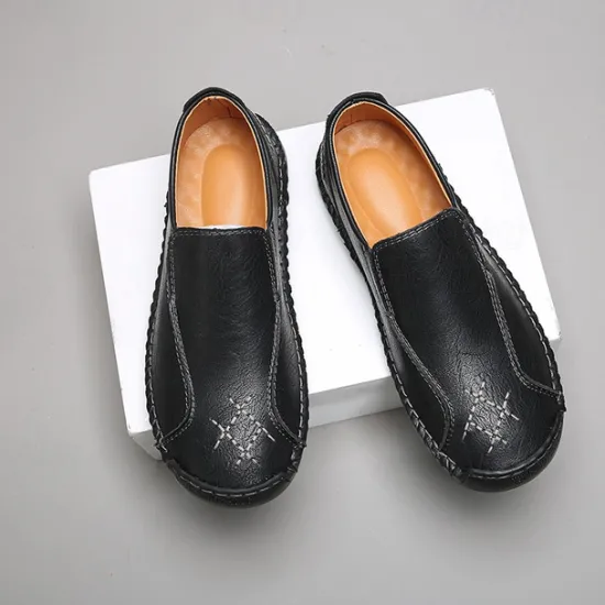 Outlet OUKU Men's Beige Genuine Faux Leather Moccasins – Handmade Stitching Casual Slip-On Driving Shoes for Outdoor & Trave