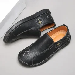 Outlet OUKU Men's Beige Genuine Faux Leather Moccasins – Handmade Stitching Casual Slip-On Driving Shoes for Outdoor & Trave