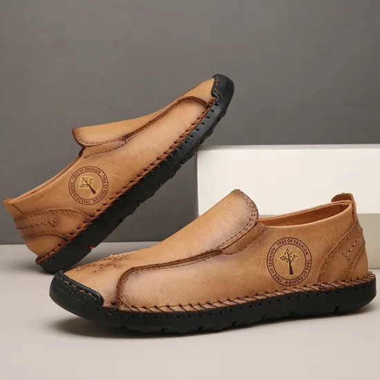 Outlet OUKU Men's Beige Genuine Faux Leather Moccasins – Handmade Stitching Casual Slip-On Driving Shoes for Outdoor & Trave