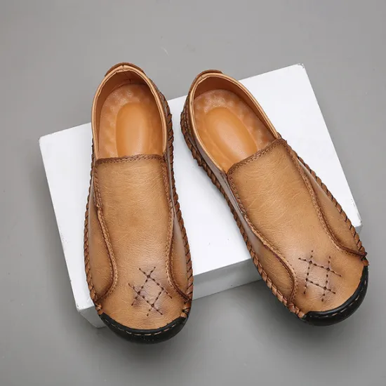 Outlet OUKU Men's Beige Genuine Faux Leather Moccasins – Handmade Stitching Casual Slip-On Driving Shoes for Outdoor & Trave