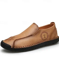 Outlet OUKU Men's Beige Genuine Faux Leather Moccasins – Handmade Stitching Casual Slip-On Driving Shoes for Outdoor & Trave