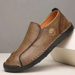 Outlet OUKU Men's Beige Genuine Faux Leather Moccasins – Handmade Stitching Casual Slip-On Driving Shoes for Outdoor & Trave