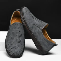 Hot OUKU Men's Beige Suede Slip-On Loafers – Handmade Casual Moccasin Shoes for Daily Wear