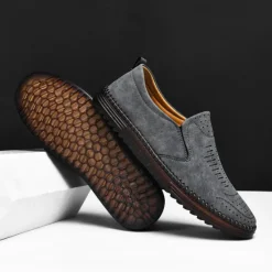 Hot OUKU Men's Beige Suede Slip-On Loafers – Handmade Casual Moccasin Shoes for Daily Wear