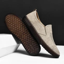 Hot OUKU Men's Beige Suede Slip-On Loafers – Handmade Casual Moccasin Shoes for Daily Wear