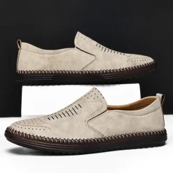 Hot OUKU Men's Beige Suede Slip-On Loafers – Handmade Casual Moccasin Shoes for Daily Wear