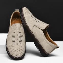 Hot OUKU Men's Beige Suede Slip-On Loafers – Handmade Casual Moccasin Shoes for Daily Wear