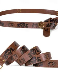 Hot OUKU Men's Belt Waist Belt Black Brown PU Alloy Retro Adjustable Skull Pumpkin Halloween Daily