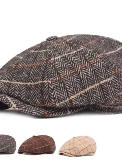 OUKU Men's Beret Hat Newsboy Hat Tweed Cap Beige Coffee Polyester Streetwear Stylish 1920s Fashion Outdoor Daily Going out Lattice Sunscreen
