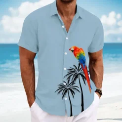Clearance OUKU Men's Bird Coconut Tree Parrot Casual Shirt Summer Hawaiian Shirt Button Up Shirt Short Sleeve Hawaiian Resort Vacation Holiday Beach Wear Summer Spring Turndown 3D Print Collared Shirts White Blue