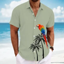 Clearance OUKU Men's Bird Coconut Tree Parrot Casual Shirt Summer Hawaiian Shirt Button Up Shirt Short Sleeve Hawaiian Resort Vacation Holiday Beach Wear Summer Spring Turndown 3D Print Collared Shirts White Blue