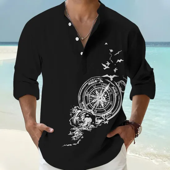 Clearance OUKU Men's Bird Nautical Vintage Shirt Button Up Shirt Long Sleeve Vintage Fashion Streetwear Casual Going out Summer Spring Fall Stand Collar Print Black Pink Orange Green Khaki