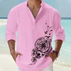 Clearance OUKU Men's Bird Nautical Vintage Shirt Button Up Shirt Long Sleeve Vintage Fashion Streetwear Casual Going out Summer Spring Fall Stand Collar Print Black Pink Orange Green Khaki