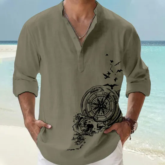 Clearance OUKU Men's Bird Nautical Vintage Shirt Button Up Shirt Long Sleeve Vintage Fashion Streetwear Casual Going out Summer Spring Fall Stand Collar Print Black Pink Orange Green Khaki