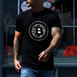 New OUKU Men's Bitcoin T Shirt Casual Style 100% Cotton Short Sleeve Graphic Shirt Wine Black White Comfortable Tee Vacation Casual Fashion Designer Clothing