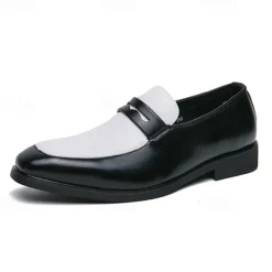 OUKU Men's Black and White Faux Leather Loafers with Cut-Out Strap Detail - Elegant Slip-On Shoes for Formal and Business Attire