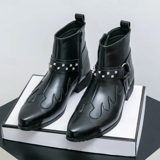 Hot OUKU Men's Black Faux Leather Ankle Boots with Studded Strap and Unique Embroidery, Stylish Western Design, Perfect for Casual and Night Out Wear