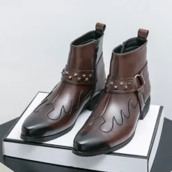 Hot OUKU Men's Black Faux Leather Ankle Boots with Studded Strap and Unique Embroidery, Stylish Western Design, Perfect for Casual and Night Out Wear