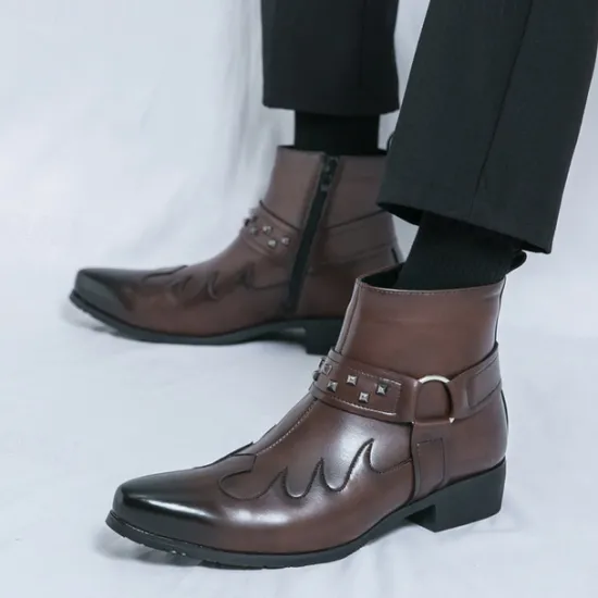 Hot OUKU Men's Black Faux Leather Ankle Boots with Studded Strap and Unique Embroidery, Stylish Western Design, Perfect for Casual and Night Out Wear