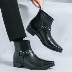 Hot OUKU Men's Black Faux Leather Ankle Boots with Studded Strap and Unique Embroidery, Stylish Western Design, Perfect for Casual and Night Out Wear