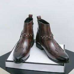 Hot OUKU Men's Black Faux Leather Ankle Boots with Studded Strap and Unique Embroidery, Stylish Western Design, Perfect for Casual and Night Out Wear