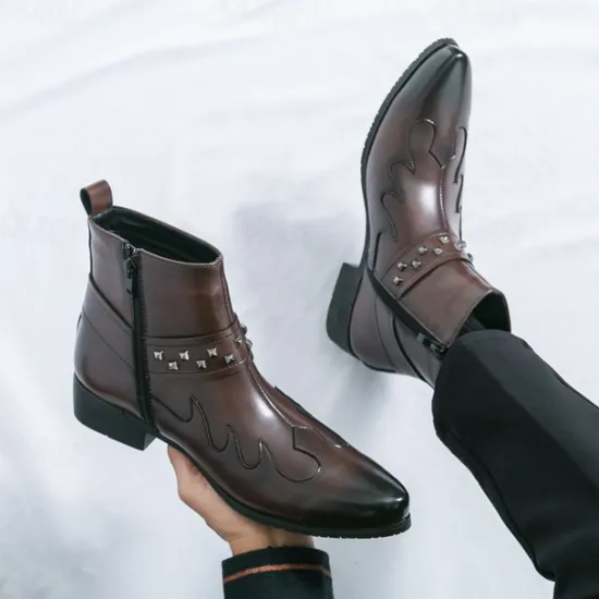 Hot OUKU Men's Black Faux Leather Ankle Boots with Studded Strap and Unique Embroidery, Stylish Western Design, Perfect for Casual and Night Out Wear