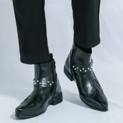 Hot OUKU Men's Black Faux Leather Ankle Boots with Studded Strap and Unique Embroidery, Stylish Western Design, Perfect for Casual and Night Out Wear