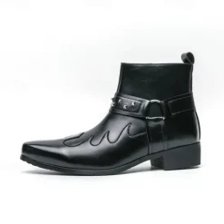 Hot OUKU Men's Black Faux Leather Ankle Boots with Studded Strap and Unique Embroidery, Stylish Western Design, Perfect for Casual and Night Out Wear