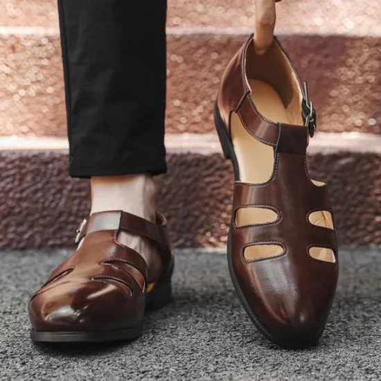 New OUKU Men's Black Faux Leather Fisherman Sandals with Buckle Strap and Cutout Design, Stylish and Comfortable for Casual, Outdoor and Summer Wear