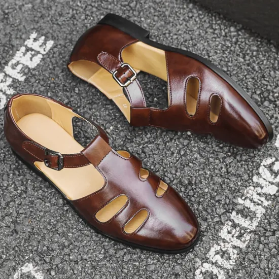 New OUKU Men's Black Faux Leather Fisherman Sandals with Buckle Strap and Cutout Design, Stylish and Comfortable for Casual, Outdoor and Summer Wear