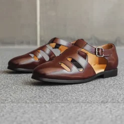 New OUKU Men's Black Faux Leather Fisherman Sandals with Buckle Strap and Cutout Design, Stylish and Comfortable for Casual, Outdoor and Summer Wear
