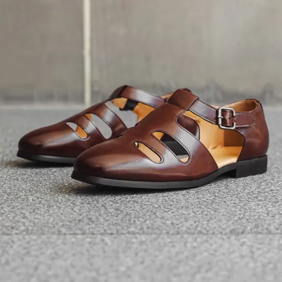 New OUKU Men's Black Faux Leather Fisherman Sandals with Buckle Strap and Cutout Design, Stylish and Comfortable for Casual, Outdoor and Summer Wear